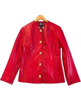 B&J Women Sz M VTG Red Genuine Leather Jacket Gold Square Buttons Leopard Print